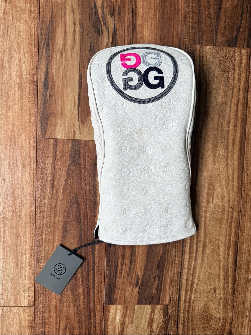 G/FORE White Embossed Leather Golf Club Headcover with Pink & Black Logo
